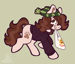 Size: 1949x1676 | Tagged: safe, artist:catponything, derpibooru import, oc, oc:pounce, unofficial characters only, earth pony, pony, bag, clothes, green background, hat, image, lidded eyes, male, mouth hold, png, ponysona, raised hoof, raised leg, simple background, smiling, solo, stallion, sweater, tail, trans male, transgender, winter hat