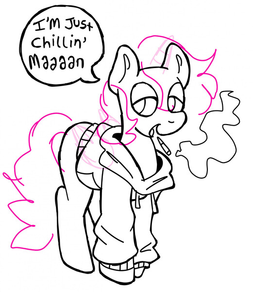 Size: 1789x2060 | Tagged: safe, artist:catponything, derpibooru import, pony, clothes, commission, dialogue, drugs, folded wings, high, hoodie, horn, image, jpeg, lidded eyes, mane, marijuana, monochrome, open mouth, open smile, partial color, simple background, smiling, smoke, smoking, solo, speech bubble, tail, white background, wings, ych sketch, your character here