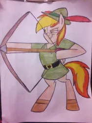 Size: 1920x2560 | Tagged: safe, artist:muhammad yunus, derpibooru import, oc, oc:firey ratchet, pegasus, pony, arrow, bipedal, bow (weapon), bow and arrow, clothes, colored sketch, cosplay, costume, disney, drawing, hat, image, jpeg, male, robin hood, sketch, stallion, weapon