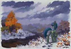 Size: 6017x4150 | Tagged: safe, artist:koviry, ponerpics import, oc, oc:river oak, unofficial characters only, earth pony, pony, autumn leaves, background, bangs, blue eyes, blue mane, blue tail, blushing, border, braid, bush, butt, cloud, cloudy, commission, cutie mark, detailed background, ears, ears up, eye, eyelashes, eyes, female, foliage, fringe, full body, green fur, green mane, green tail, ground, high res, hoof heart, hooves, image, leaf, long hair, long mane, long tail, mane, mare, mouth, nature, nostrils, one leg raised, plot, png, river, shrub, sky, smiling, snow, snowfall, solo, standing, tail, tree, two toned mane, two toned tail, water, winter, your character here