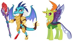 Size: 828x467 | Tagged: safe, artist:death-driver-5000, artist:legoshi42, derpibooru import, princess ember, thorax, changeling, dragon, fallout equestria, armor, dragoness, duo, duo male and female, female, golden armor, image, jpeg, male, scar, story included