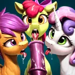 Size: 1072x1072 | Tagged: explicit, ai content, derpibooru import, machine learning generated, stable diffusion, apple bloom, scootaloo, sweetie belle, earth pony, pegasus, unicorn, blowjob, cum, cum on tongue, cumming, cutie mark crusaders, facial, foalcon, horsecock, image, licking, looking at you, multiple blowjob, nudity, oral, penis, png, sex, tongue out, triple blowjob, underage