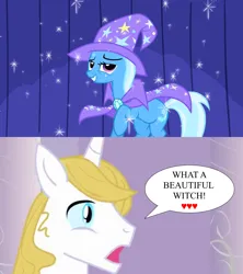 Size: 1280x1440 | Tagged: safe, artist:crowneprince, derpibooru import, edit, edited screencap, screencap, prince blueblood, trixie, pony, unicorn, boast busters, cape, clothes, curtains, female, hat, heart, image, male, mare, open mouth, png, ship:bluetrix, shipping, smiling, sparkles, speech bubble, stallion, straight, surprised blueblood, trixie's cape, trixie's hat