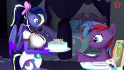 Size: 1920x1080 | Tagged: suggestive, artist:krasny noctali, ponerpics import, oc, oc:woona sparkle, unofficial characters only, anthro, pony, 3d, breasts, cake, clothes, diaper, diaper fetish, duo, duo female, female, fetish, food, image, jpeg, mare, non-baby in diaper