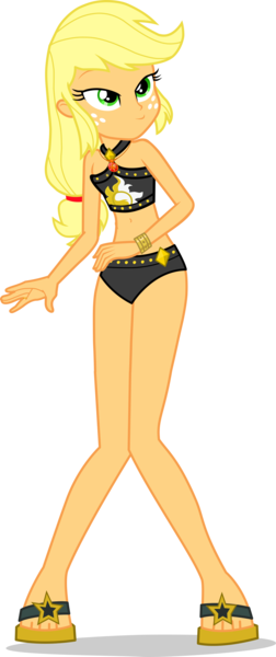 Size: 1882x4483 | Tagged: safe, artist:dustinwatsongkx, derpibooru import, applejack, human, equestria girls, 2d, ankles, belly button, bikini, bikini bottom, bikini top, clothes, feet, female, freckles, g4, geode of empathy, gold, image, jewelry, legs, magical geodes, midriff, necklace, png, sandals, simple background, smiling, solo, stars, sun, sunset shimmer's beach shorts swimsuit, swimsuit, transparent background, wrist cuffs