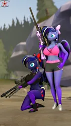 Size: 1080x1920 | Tagged: safe, artist:krasny noctali, ponerpics import, oc, oc:woona sparkle, unofficial characters only, anthro, 3d, breasts, clothes, duo, duo female, female, gun, image, jpeg, weapon