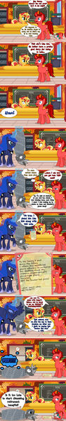 Size: 1024x6551 | Tagged: safe, artist:jasperpie, derpibooru import, princess luna, sunset shimmer, oc, oc:jasper pie, oc:night mist, alicorn, pony, unicorn, clock, comic, female, fez, hat, horn, image, jasper pie is not amused, jpeg, magic, magic aura, male, manehattan, mare, note, peytral, pie's pizzeria (manehattan), stallion, unamused, unicorn oc