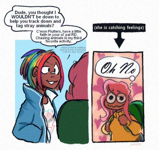 Size: 727x685 | Tagged: safe, artist:punkittdev, derpibooru import, fluttershy, rainbow dash, human, 2 panel comic, backpack, blackwashing, comic, dark skin, dialogue, female, flutterdash, hand in pocket, humanized, image, jpeg, lesbian, shipping, smiling, speech bubble, tan skin, thought bubble, wavy mouth