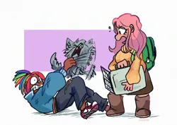 Size: 839x595 | Tagged: safe, artist:punkittdev, derpibooru import, fluttershy, rainbow dash, cat, human, backpack, blackwashing, clothes, dark skin, duo, duo female, emanata, female, gritted teeth, holding a cat, humanized, image, jacket, jpeg, open mouth, pet carrier, plewds, simple background, struggling, sweater, tan skin, teeth, white background