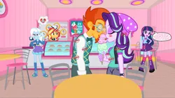 Size: 7000x3939 | Tagged: safe, artist:dieart77, artist:gmaplay, artist:rupahrusyaidi, ponerpics import, spike, sunset shimmer, trixie, twilight sparkle, equestria girls, eyes closed, female, food, ice cream, ice cream shop, image, licking, love triangle, male, micro, png, ship:sparlight, shipping, soft vore, spixie, starburst, straight, tongue out, vore