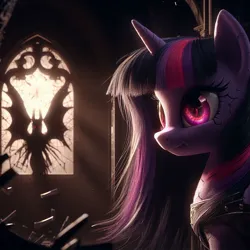 Size: 1024x1024 | Tagged: safe, ai content, derpibooru import, machine learning generated, lightning dust, twilight sparkle, twilight sparkle (alicorn), alicorn, background human, bat ears, bat wings, danger, ears up, g4, generator:dall-e 3, glass, image, jpeg, light, prompter:rektpay, red eyes, shards, smiling, sun, window, wings