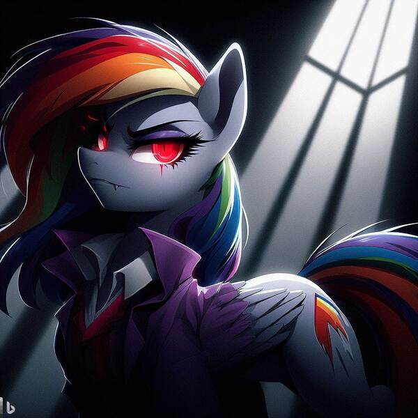 Size: 1024x1024 | Tagged: safe, ai content, derpibooru import, machine learning generated, rainbow dash, pegasus, pony, undead, vampire, vampony, clothes, dracula, ears up, eyelashes, fangs, female, g4, generator:dall-e 3, image, jpeg, light, looking up, mare, multicolored hair, prompter:rektpay, rainbow hair, red eyes, simple background, solo, suit