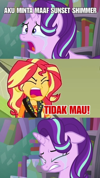 Size: 1125x1995 | Tagged: safe, derpibooru import, edit, edited screencap, screencap, starlight glimmer, sunset shimmer, equestria girls, equestria girls series, forgotten friendship, the crystalling, angry, crying, image, indonesian, jpeg, rage, rageset shimmer, sad, sadlight glimmer, yelling