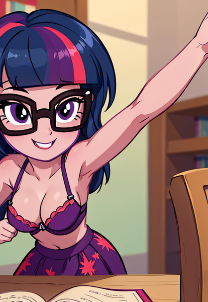Size: 1060x1536 | Tagged: suggestive, ai content, derpibooru import, machine learning generated, stable diffusion, sci-twi, twilight sparkle, human, equestria girls, adorasexy, armpits, arms in the air, beautiful, beautisexy, belly button, book, bra, breasts, busty sci-twi, busty twilight sparkle, cute, cute face, female, females only, g4, glasses, happy, image, library, looking at camera, open smile, photo, png, prompter:angel-saez, selfie, sexy, skirt, smiling, solo, solo female, stupid sexy sci-twi, stupid sexy twilight, teeth, underwear