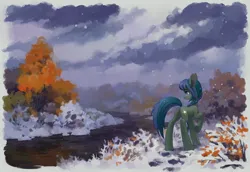 Size: 2175x1500 | Tagged: safe, artist:koviry, derpibooru import, oc, unofficial characters only, earth pony, pony, butt, commission, image, jpeg, plot, river, scenery, snow, solo, water, ych result
