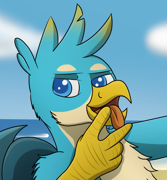 Size: 1900x2049 | Tagged: suggestive, alternate version, artist:tacomytaco, derpibooru import, gallus, gryphon, bedroom eyes, bust, cropped, cropped porn, g4, image, male, open mouth, peace sign, png, portrait, solo, solo male, tongue out