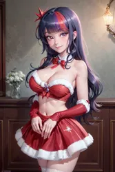 Size: 1024x1536 | Tagged: suggestive, ai content, derpibooru import, editor:sammykun, machine learning generated, twilight sparkle, human, belly button, big breasts, bow, breasts, bust, busty twilight sparkle, christmas, cleavage, clothes, costume, cowboy hat, female, furniture, g4, generator:yodayo, gloves, hat, holiday, humanized, image, jpeg, long hair, looking at you, midriff, miniskirt, neck bow, prompter:sammykun, santa costume, seductive, sexy, short shirt, skirt, smiling, socks, solo, stupid sexy twilight, sultry, sultry pose, thigh highs, tube top, wide hips, wood