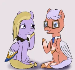 Size: 1890x1757 | Tagged: safe, anonymous artist, derpibooru import, dazzle feather, pegasus, pony, g5, colored sketch, duo, duo male and female, female, glasses, image, looking at each other, looking at someone, male, mare, necktie, open mouth, png, simple background, sitting, sketch, skye silver, stallion