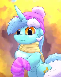 Size: 1902x2392 | Tagged: safe, artist:gosha305, derpibooru import, lyra heartstrings, pony, unicorn, :3, autumn, autumn leaves, beanie, cheek fluff, chest fluff, clothes, cold, cute, female, floppy ears, hat, horn, image, leaf, leaves, looking at you, lyrabetes, multicolored mane, png, raised hoof, scarf, smiling, smiling at you, socks, solo, striped socks
