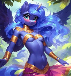 Size: 3861x4090 | Tagged: suggestive, ai content, derpibooru import, machine learning generated, princess luna, alicorn, anthro, beautiful, bedroom eyes, belly button, belly dancer, belly dancer outfit, breasts, cleavage, clothes, cutie mark, cutie mark on clothes, dancing, ethereal mane, exposed belly, female, g4, horn, image, jpeg, looking at you, midriff, prompter:anonynmi, purple background, shoulder fluff, simple background, small breasts, solo, solo female, underboob, wings