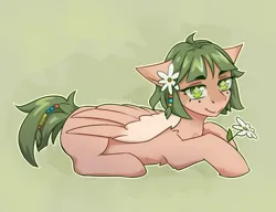 Size: 3000x2300 | Tagged: safe, artist:moewwur, artist:rin-mandarin, derpibooru import, oc, oc:chamo, unofficial characters only, pony, beads, chamomile, female, flower, flower in hair, green eyes, green mane, image, light fur, looking at you, lying down, pegasus wings, png, short hair, sketch, solo, solo female, wings