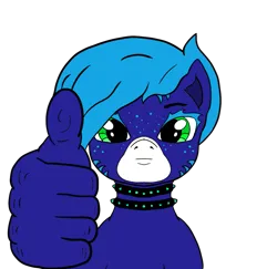 Size: 1113x1080 | Tagged: safe, artist:kinkycoconuts, derpibooru import, oc, oc:annette (lewdpone), blue body, blue fur, blue mane, choker, expressionless face, green eyes, hand, image, looking at you, meme, png, simple background, thumbs up