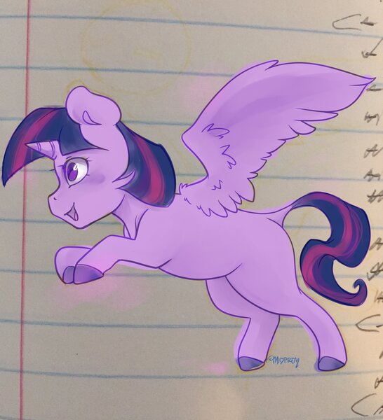 Size: 3724x4096 | Tagged: safe, artist:midnightpremiere, derpibooru import, twilight sparkle, twilight sparkle (alicorn), alicorn, pony, cute, dock, female, image, jpeg, lined paper, mare, missing cutie mark, open mouth, open smile, rearing, smiling, solo, tail, twiabetes