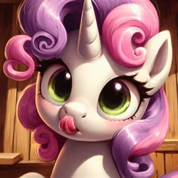 Size: 1024x1024 | Tagged: safe, ai content, derpibooru import, machine learning generated, sweetie belle, pony, unicorn, :p, blushing, bust, cute, diasweetes, female, filly, foal, g4, generator:dall-e 3, image, jpeg, looking at you, portrait, solo, tongue out, wood