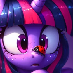 Size: 1024x1024 | Tagged: safe, ai content, derpibooru import, machine learning generated, twilight sparkle, insect, ladybug, pony, bust, coccinellidaephobia, female, frightened, g4, generator:dall-e 3, image, insect on nose, jpeg, mare, open mouth, portrait, scared, screaming internally, solo, sweat, this will not end well, twilight hates ladybugs