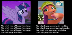 Size: 1596x783 | Tagged: safe, derpibooru import, screencap, sunny starscout, twilight sparkle, twilight sparkle (alicorn), alicorn, earth pony, g5, magical mystery cure, my little pony: make your mark, comparison, cropped, g4, image, lyrics, my little pony: make your mark chapter 3, png, side by side, singing, text, we wish you a merry christmas, winter wishday