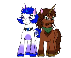 Size: 3200x2600 | Tagged: safe, artist:assertiveshypony, derpibooru import, oc, oc:green scroll, oc:snowmoon, unofficial characters only, pony, unicorn, derpibooru community collaboration, 2024 community collab, chest fluff, clothes, cutie mark, digital art, duo, flower, glasses, horn, image, jewelry, krita, long mane, long tail, messy mane, png, rose, scarf, short mane, short tail, simple background, smiling, tail, transparent background, unicorn oc