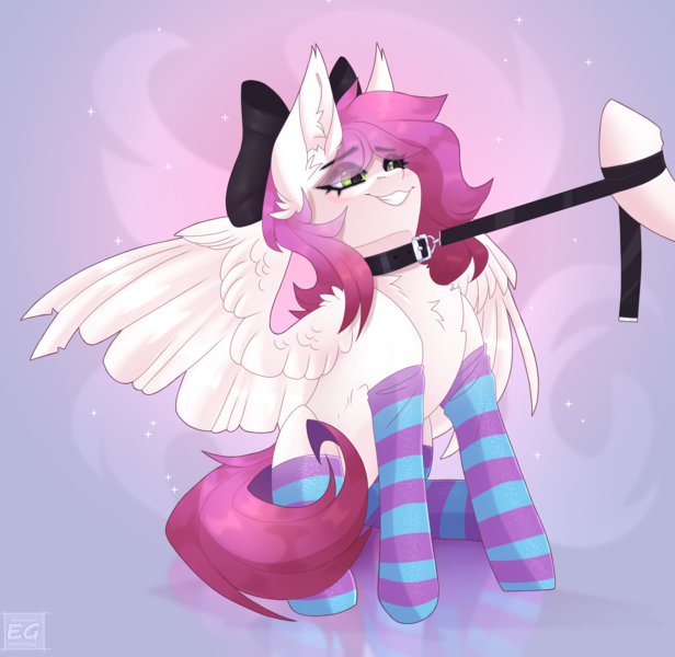 Size: 2692x2621 | Tagged: safe, artist:elektra-gertly, derpibooru import, oc, oc:ellie berryheart, unofficial characters only, pegasus, pony, abstract background, black bow, black eyeshadow, blushing, bow, clothes, collar, eyeshadow, female, fetish, green eyes, hair bow, image, leash, long ears, long eyelashes, makeup, offscreen character, png, pulling, smiling, socks, solo focus, stocks, striped socks, tail, thigh highs, wings