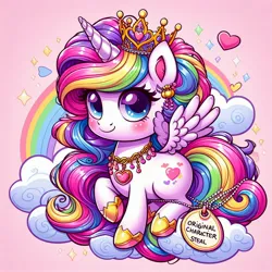 Size: 1024x1024 | Tagged: safe, ai content, derpibooru import, machine learning generated, prompter:pawels, oc, unnamed oc, unofficial characters only, alicorn, pony, cloud, crown, donut steel, female, generator:bing image creator, heart, image, jewelry, jpeg, multicolored hair, necklace, original character do not steal, rainbow, rainbow hair, regalia, solo