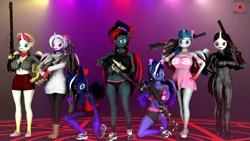 Size: 1920x1080 | Tagged: safe, artist:krasny noctali, ponerpics import, oc, oc:krasny noctali, oc:woona sparkle, unofficial characters only, anthro, 3d, breasts, catsuit, erect nipples, group photo, gun, image, jpeg, latex catsuit, weapon