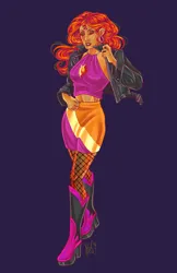 Size: 3300x5100 | Tagged: safe, artist:ashley-the-muffin, derpibooru import, sunset shimmer, human, alternate hairstyle, blue background, boots, clothes, ear piercing, earring, eyes closed, female, fishnets, high heel boots, humanized, image, jacket, jewelry, leather, leather jacket, midriff, nail polish, piercing, png, shoes, simple background, skirt, tanktop