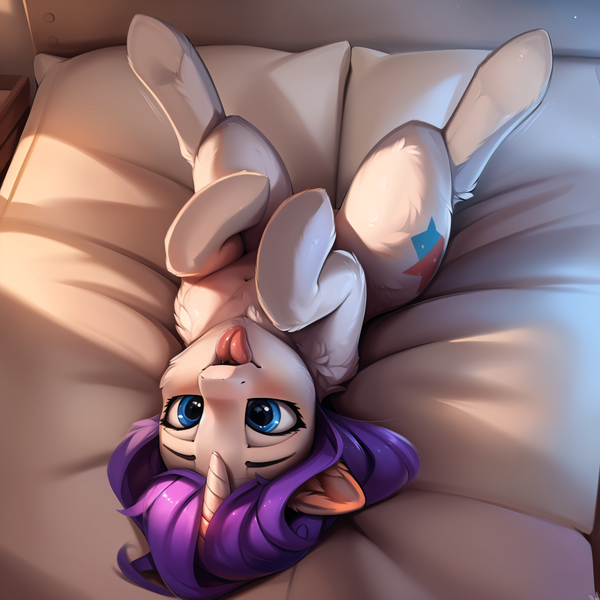 Size: 2880x2880 | Tagged: safe, ai content, prompter:unsauceballs, rarity, pony, unicorn, g4, bed, bedsheets, blushing, female, high res, mare, open mouth, remix, solo, spread legs, spreading, tongue out, upside down, wrong cutie mark