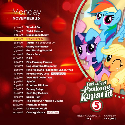 Size: 526x526 | Tagged: safe, derpibooru import, applejack, fluttershy, pinkie pie, rainbow dash, twilight sparkle, earth pony, pegasus, pony, unicorn, cignal, image, jpeg, philippines, schedule, text, tv5, unicorn twilight