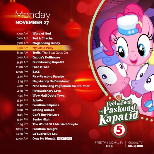 Size: 526x526 | Tagged: safe, derpibooru import, screencap, lyrica lilac, pinkie pie, royal ribbon, earth pony, pony, unicorn, the best night ever, cignal, image, jpeg, philippines, schedule, text, tv5