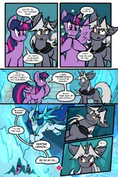 Size: 1567x2351 | Tagged: safe, artist:virmir, twilight sparkle, twilight sparkle (alicorn), oc, oc:snowmare doom, oc:virmare, alicorn, pony, unicorn, comic:so you've become a pony villain, antagonist, cape, clothes, comic, dialogue, female, image, looking at each other, mare, png