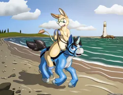 Size: 3300x2550 | Tagged: oc name needed, safe, artist:immelmann, artist:suddenlytsumi, oc, oc:skyler, unofficial characters only, donkey, latex pony, original species, pony, rubber pony, semi-anthro, unicorn, beach, cloud, duo, featureless crotch, glasses, image, jpeg, latex, latex skin, lighthouse, male, pale belly, reins, riding a pony, rubber, running, saddle, signature, stallion, tack, unshorn fetlocks