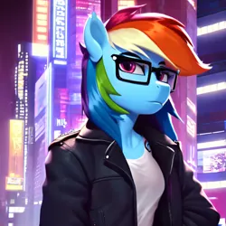 Size: 3072x3072 | Tagged: safe, ai content, derpibooru import, machine learning generated, rainbow dash, anthro, clothes, dystopia, future, glasses, image, jacket, neon, night, png, pose, prompter:frw, shirt, solo