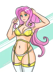 Size: 1376x1861 | Tagged: suggestive, artist:carpdime, derpibooru import, fluttershy, human, armpits, belly button, bra, breasts, clothes, female, g4, humanized, image, lingerie, long hair, panties, png, solo, solo female, underwear