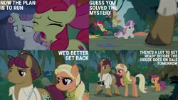 Size: 2000x1125 | Tagged: safe, derpibooru import, edit, edited screencap, editor:quoterific, screencap, apple bloom, mane allgood, scootaloo, snap shutter, sweetie belle, the last crusade, camera, cutie mark crusaders, forest, image, nature, png, tree