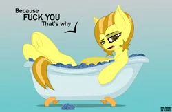 Size: 4000x2600 | Tagged: safe, artist:just rusya, derpibooru import, oc, oc:golden star, unofficial characters only, unicorn, bathtub, crossed legs, gem, image, looking at you, lying, open mouth, png, simple background, solo, speech bubble, swearing, underhoof, vulgar