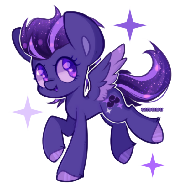 Size: 1200x1200 | Tagged: safe, artist:catberries, derpibooru import, oc, oc:shadow galaxy, unofficial characters only, pegasus, pony, big ears, chibi, commission, cute, ethereal mane, fangs, female, hooves, image, mare, open mouth, png, signature, simple background, solo, sparkles, spread wings, starry mane, starry tail, tail, transparent background, unshorn fetlocks, wings