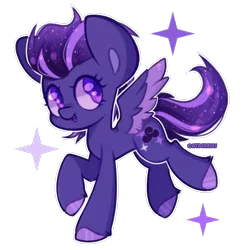 Size: 1200x1200 | Tagged: safe, artist:catberries, derpibooru import, oc, oc:shadow galaxy, unofficial characters only, pegasus, pony, big ears, chibi, commission, cute, ethereal mane, fangs, female, hooves, image, mare, open mouth, png, signature, simple background, solo, sparkles, spread wings, starry mane, starry tail, tail, transparent background, unshorn fetlocks, wings