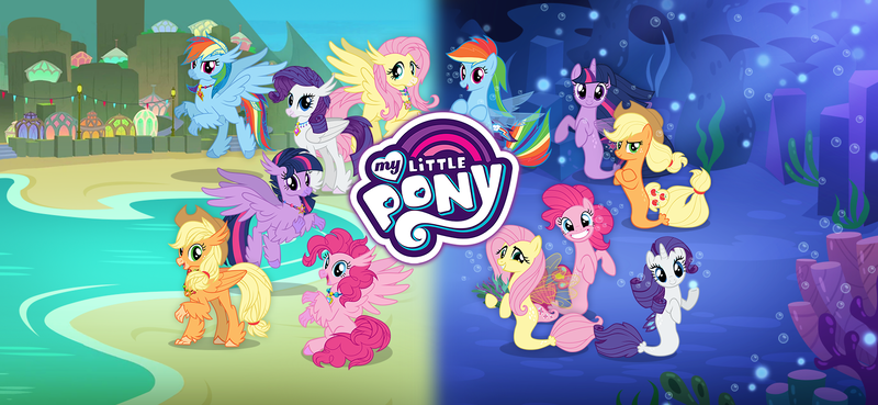 Size: 1666x768 | Tagged: safe, derpibooru import, official, applejack, fluttershy, pinkie pie, rainbow dash, rarity, twilight sparkle, twilight sparkle (alicorn), alicorn, earth pony, hippogriff, pegasus, pony, seapony (g4), unicorn, female, g4, gameloft, hippogriffied, image, loading screen, mane six, mare, my little pony logo, my little pony: magic princess, png, seaponified, seapony applejack, seapony fluttershy, seapony pinkie pie, seapony rainbow dash, seapony rarity, seapony twilight, species swap, video game