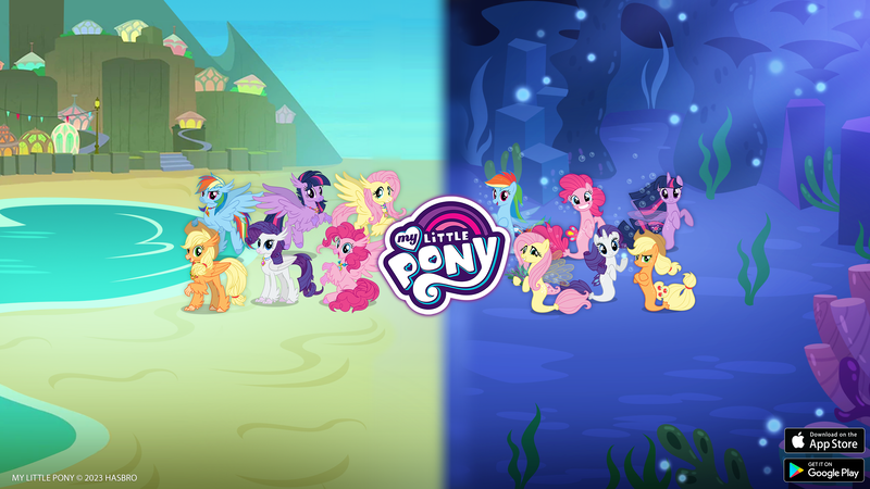 Size: 2560x1440 | Tagged: safe, derpibooru import, official, applejack, fluttershy, pinkie pie, rainbow dash, rarity, twilight sparkle, twilight sparkle (alicorn), alicorn, earth pony, hippogriff, pegasus, pony, seapony (g4), unicorn, female, g4, gameloft, hippogriffied, image, mane six, mare, my little pony logo, my little pony: magic princess, png, seaponified, seapony applejack, seapony fluttershy, seapony pinkie pie, seapony rainbow dash, seapony rarity, seapony twilight, species swap, video game, youtube banner
