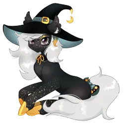 Size: 2500x2500 | Tagged: safe, artist:timser_, derpibooru import, oc, oc:lunabelle, unofficial characters only, pony, derpibooru community collaboration, 2024 community collab, black fur, dark eyes, digital art, ear fluff, female, full body, hat, image, makeup, mare, png, ribbon, save, sitting, solo, solo female, stars, tail, white hair, witch hat