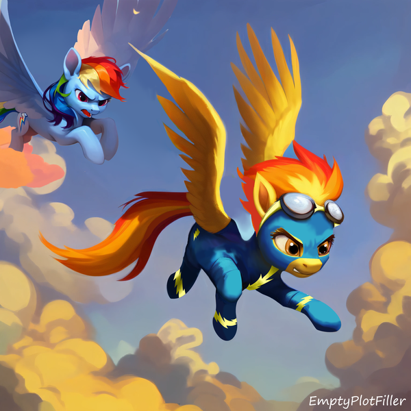 Size: 3072x3072 | Tagged: safe, ai content, derpibooru import, edit, editor:emptyplotfiller, machine learning assisted, machine learning generated, stable diffusion, rainbow dash, spitfire, pegasus, fanfic:crossing the trixie bridge:a new life in the crystal empire, clothes, cloud, crystal empire, g4, image, png, uniform, wonderbolts uniform